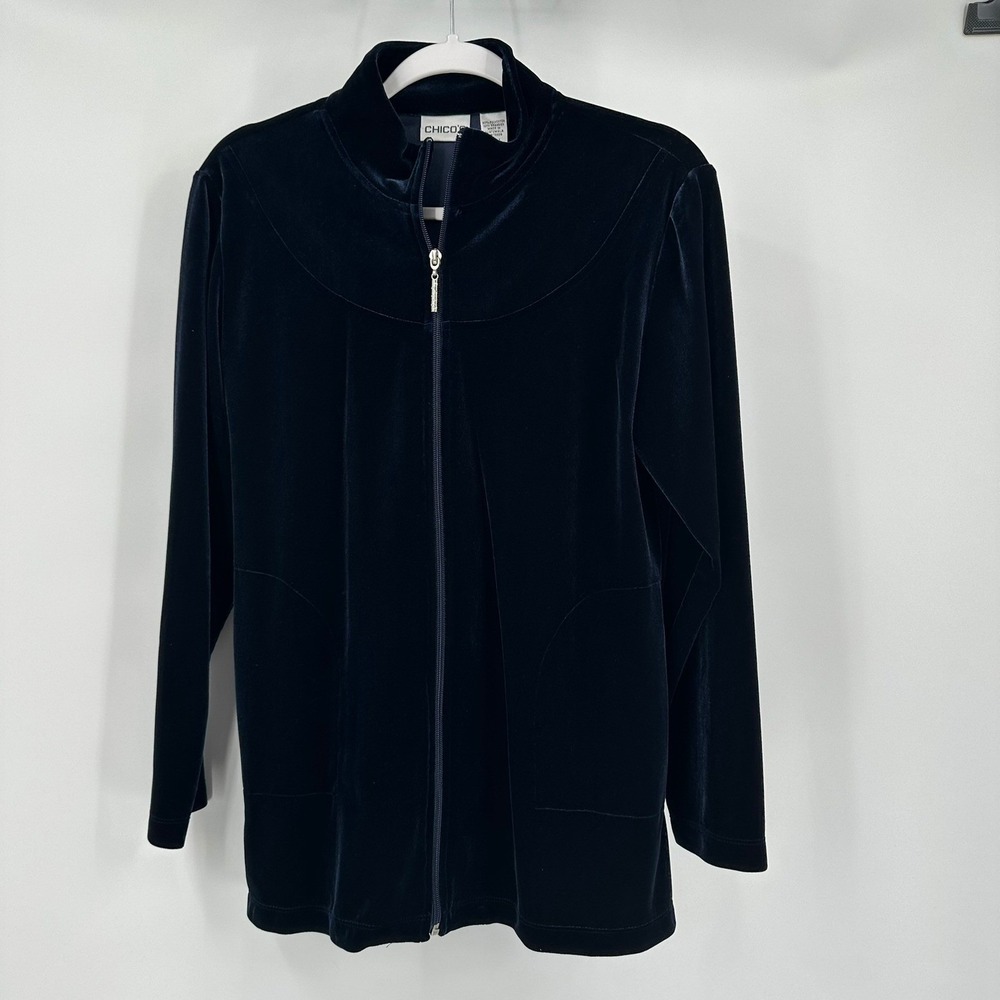 Chicos Womens Minimalist Velvet Jacket Size 1 US M Zip Navy Layering Evening